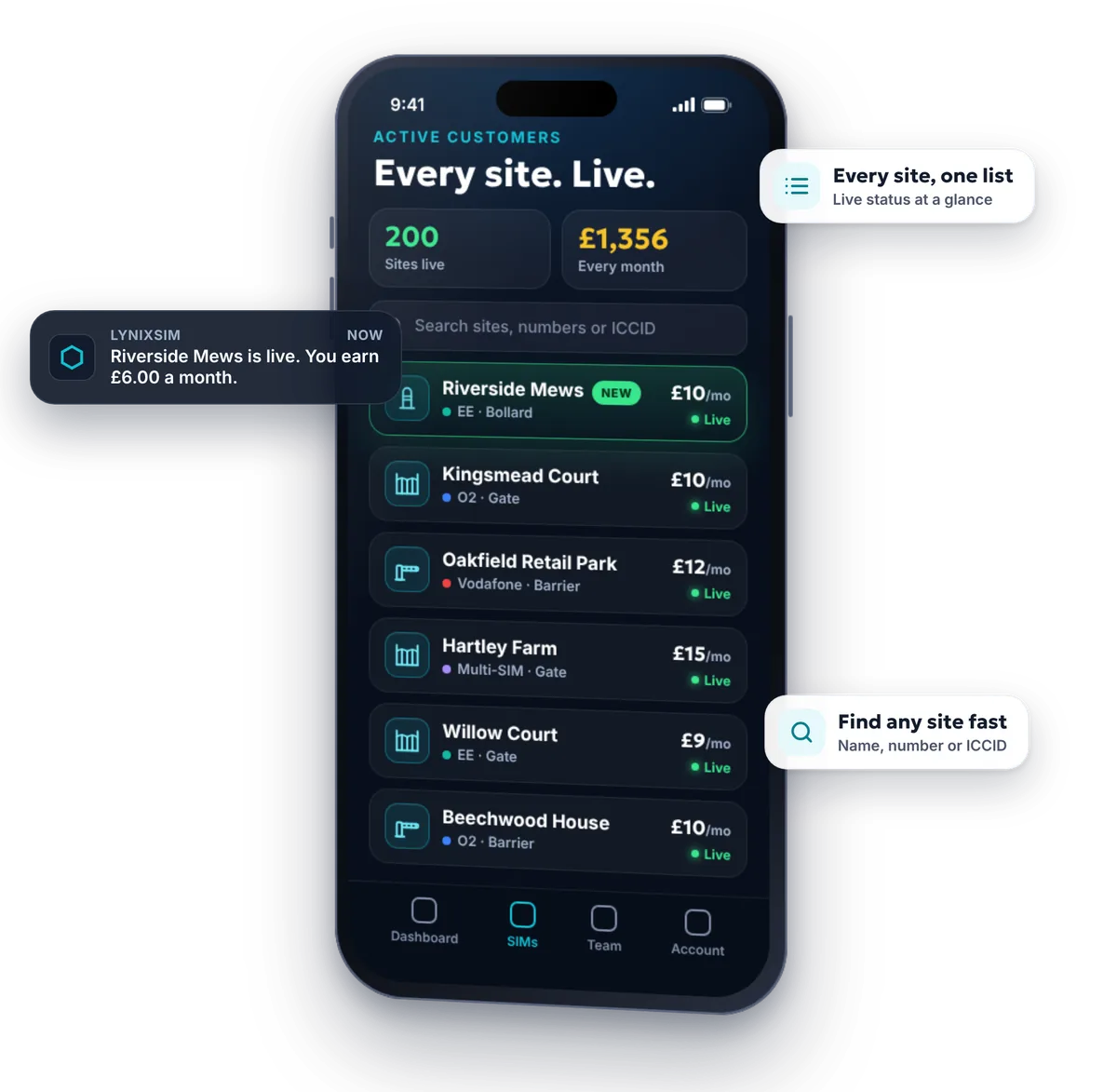 The trade app's active customers list, showing live status for every install